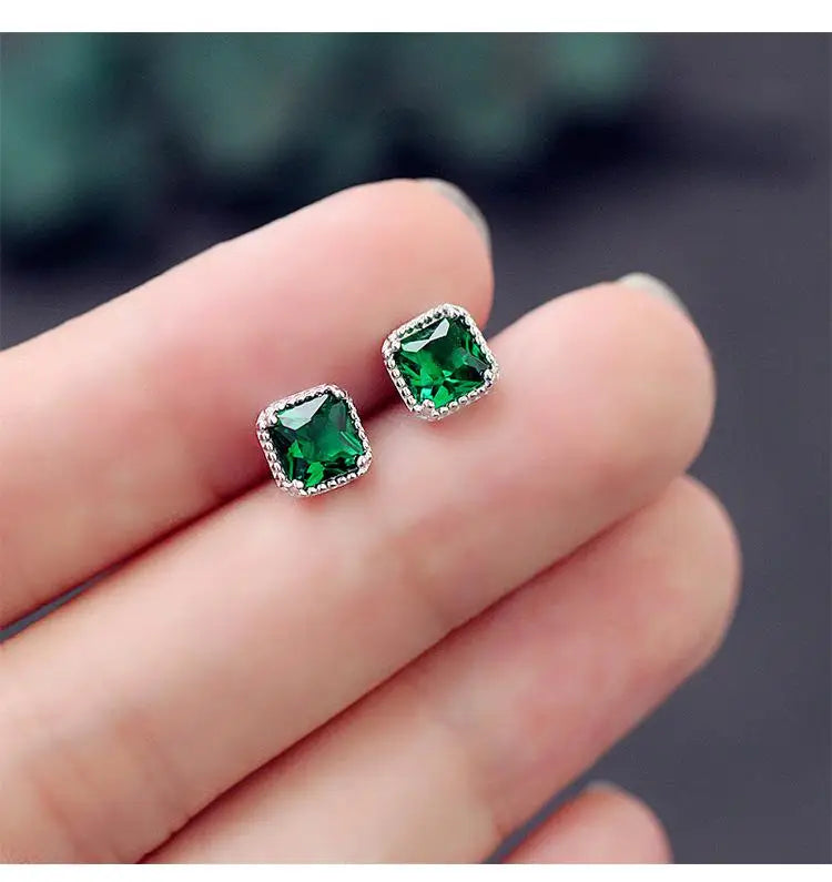 925 Silver Square Green Zircon Stud Earrings Women's Fine Jewelry