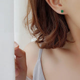 925 Silver Square Green Zircon Stud Earrings Women's Fine Jewelry