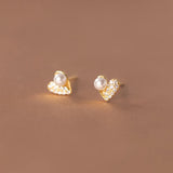 925 Silver Heart Pearl Zircon Stud Earrings Tiny Jewelry