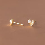 925 Silver Heart Pearl Zircon Stud Earrings Tiny Jewelry