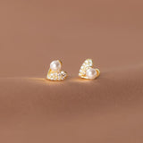 925 Silver Heart Pearl Zircon Stud Earrings Tiny Jewelry