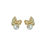 925 Sterling Silver Stud Earrings Women Retro Pearl Bow Fine Jewelry