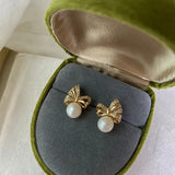 925 Sterling Silver Stud Earrings Women Retro Pearl Bow Fine Jewelry