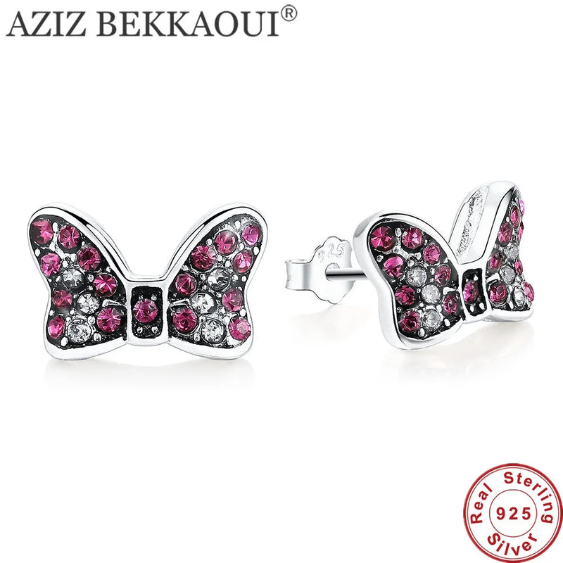 925 Silver Red Crystal Minnie Shape Earrings for Women