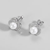 925 Silver Zircon Rose Stud Earrings Shell Simulated-pearl