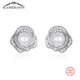 925 Silver Zircon Rose Stud Earrings Shell Simulated-pearl