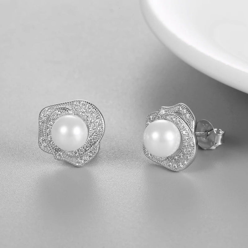 925 Silver Zircon Rose Stud Earrings Shell Simulated-pearl