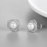 925 Silver Zircon Rose Stud Earrings Shell Simulated-pearl