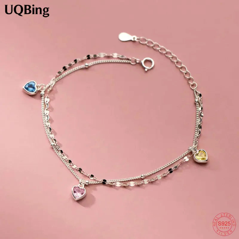 925 Silver Zircon Heart Charm Bracelet Double Layer Chain Wedding Bracelet