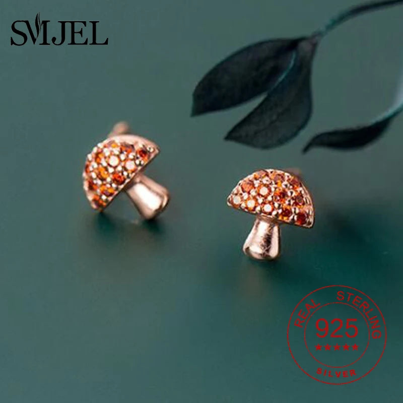 925 Silver Mushroom Earrings Tiny Crystal Studs