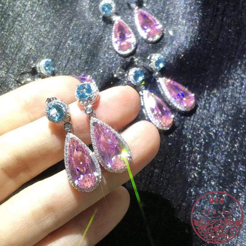 925 Sterling Silver Pink Water Drop Long Earring