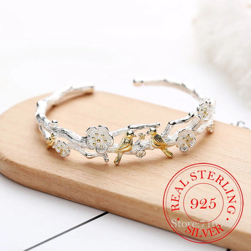 925 Silver Tree Bird Bracelet&Bangle For Women Wedding Gift