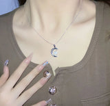 Sterling Silver Diamond Moon Pendant Necklace