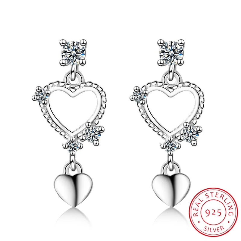 925 Silver Love Heart Crystal Stud Earrings