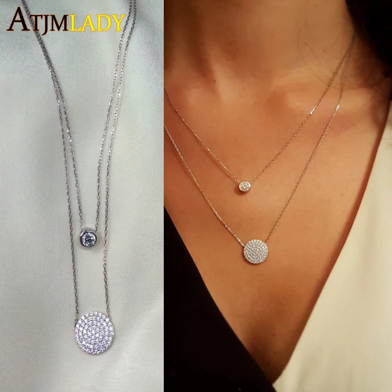925 Silver Double Layer CZ Disco Charm Necklace