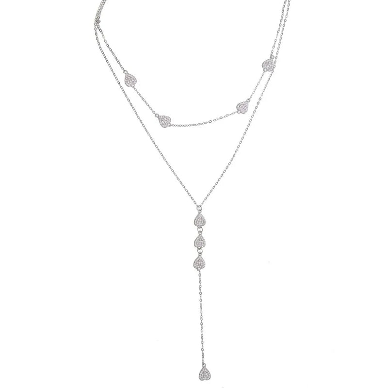 925 Silver Y Shape Double Link Chain Necklace Clear Cz Paved Delicate Dainty