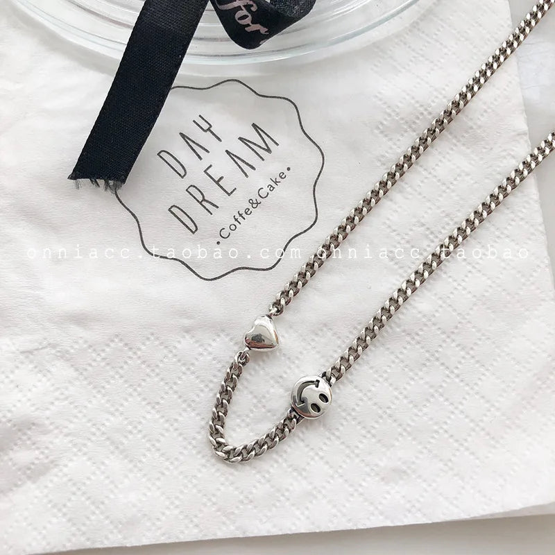 925 Silver Vintage Smile Face Pendant Necklace Women Choker Jewelry