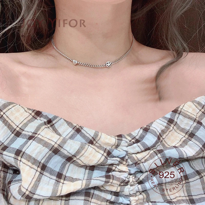 925 Silver Vintage Smile Face Pendant Necklace Women Choker Jewelry