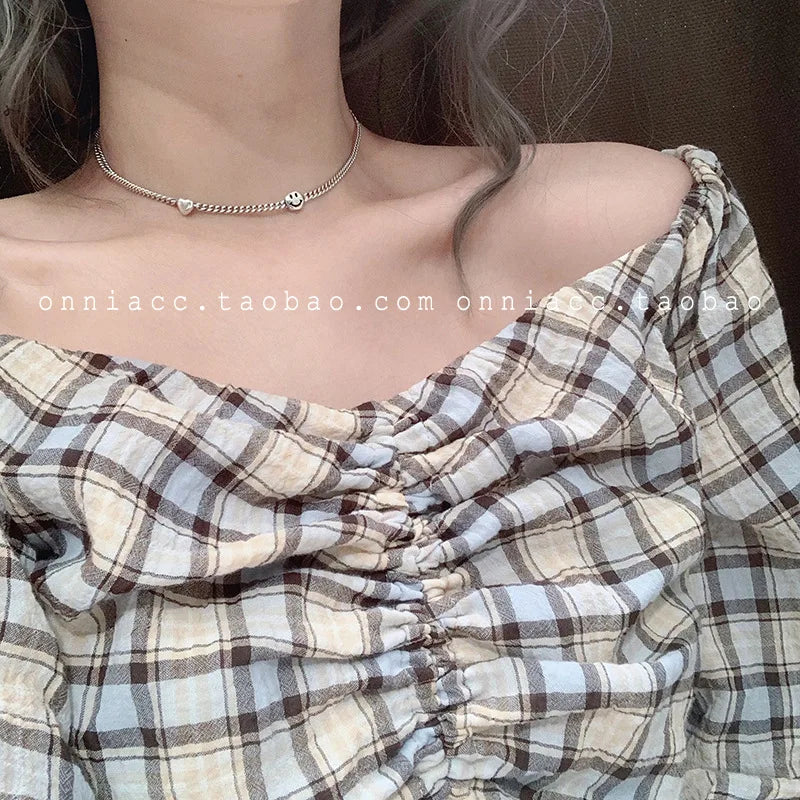 925 Silver Vintage Smile Face Pendant Necklace Women Choker Jewelry