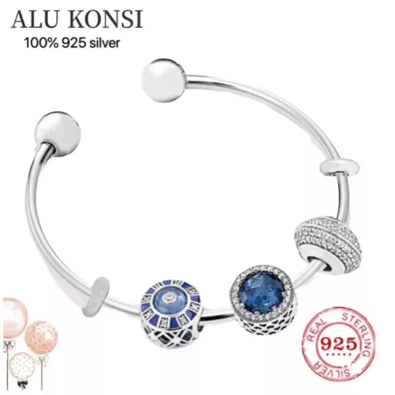 925 Silver Charm Beaded Bracelet DIY Bangle For Women Couples Gift