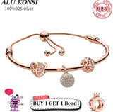 925 Sterling Silver European Pan Charm Beaded Rose Bracelet DIY Bangle