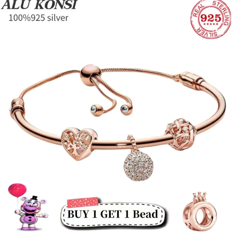 925 Sterling Silver European Pan Charm Beaded Rose Bracelet DIY Bangle