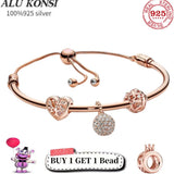 925 Sterling Silver European Pan Charm Beaded Rose Bracelet DIY Bangle