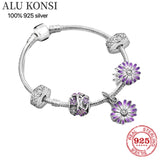 925 Sterling Silver European Pan Charm Bracelet Flower Bangle