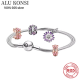 925 Sterling Silver European Pan Charm Bracelet Flower Bangle