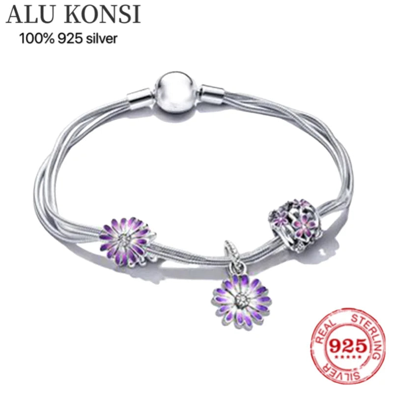925 Sterling Silver European Pan Charm Bracelet Flower Bangle
