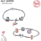 925 Sterling Silver European Pan Charm Bracelet Flower Bangle