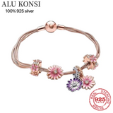 925 Sterling Silver European Pan Charm Bracelet Flower Bangle