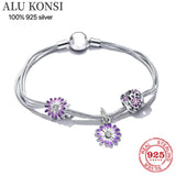 925 Sterling Silver European Pan Charm Bracelet Flower Bangle