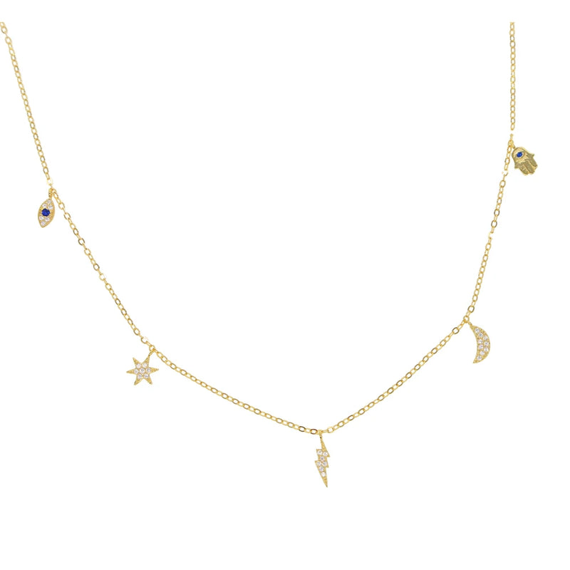 925 Silver Lucky Eye Hamsa Moon Star Necklace