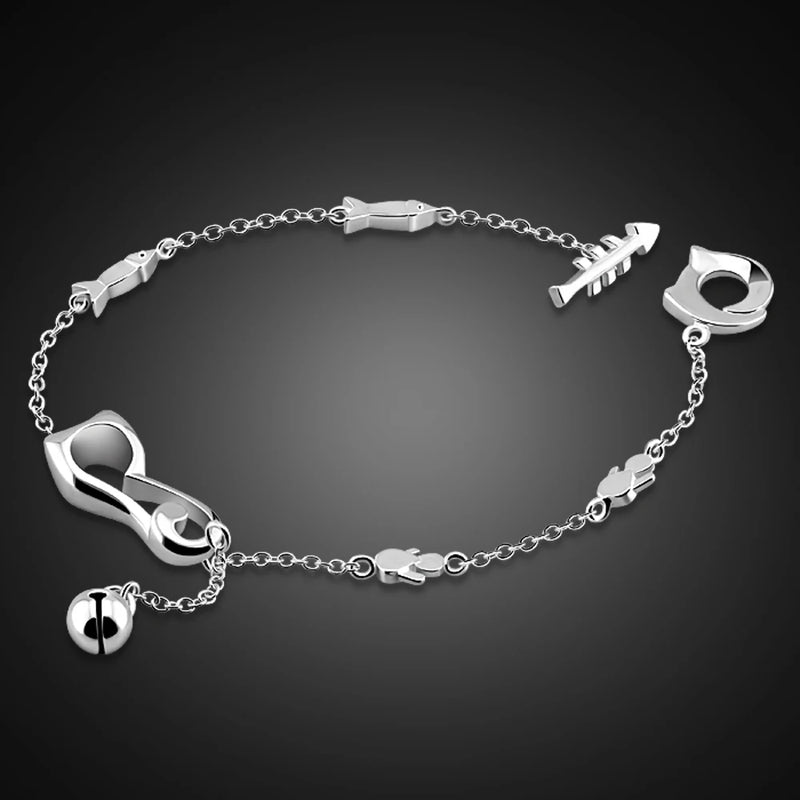 925 Sterling Silver Cat Anklet Women Girls Foot Jewelry Leg Bracelet