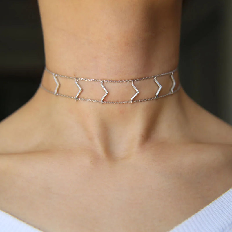 925 Sterling Silver CZ Chevron Double Link Chain Choker Necklace