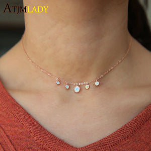 925 Silver CZ Opal Fire Bead Necklace Layer Choker for Women