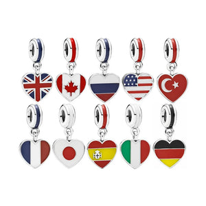 925 Silver Heart Pendant Flag Dangle Charm for Bracelet