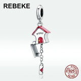925 Silver Letter Box Charm Red Enamel Beads for Bangle & Necklace Pendant