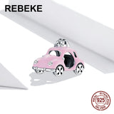 925 Sterling Silver Pink Car Charm Pendant for Bracelet DIY Accessories