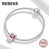 925 Sterling Silver Pink Car Charm Pendant for Bracelet DIY Accessories