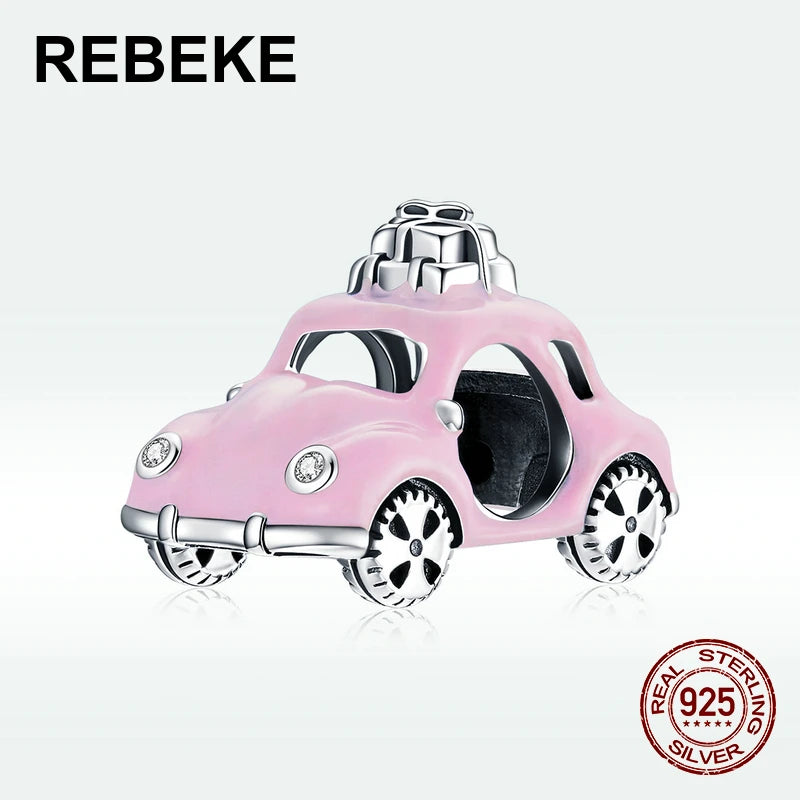 925 Sterling Silver Pink Car Charm Pendant for Bracelet DIY Accessories