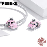 925 Sterling Silver Pink Car Charm Pendant for Bracelet DIY Accessories