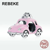 925 Sterling Silver Pink Car Charm Pendant for Bracelet DIY Accessories