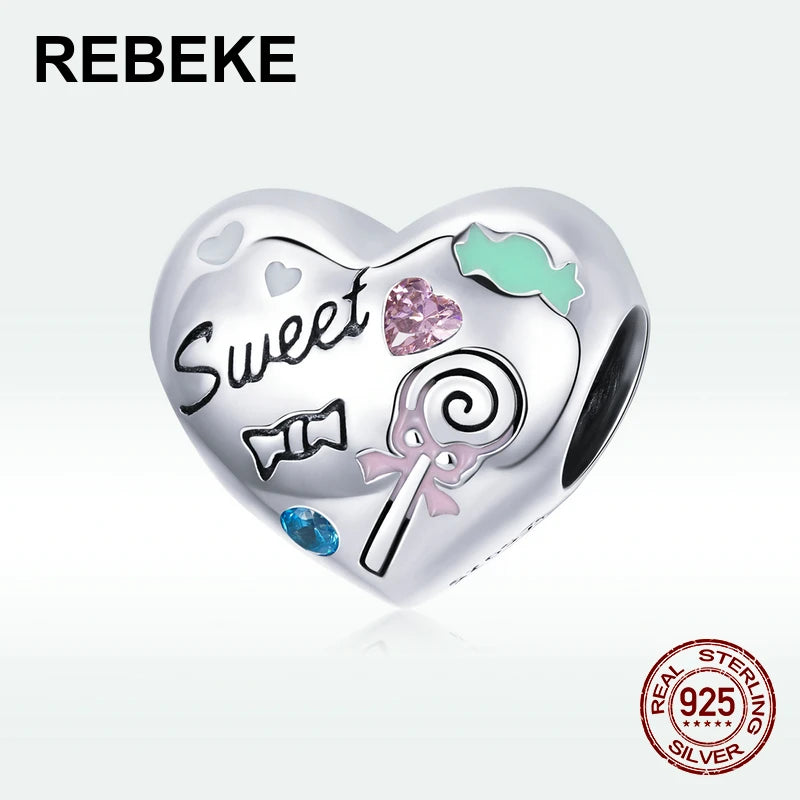 925 Sterling Silver Sweet Candy Beads Heart Charm Bracelet Pendant