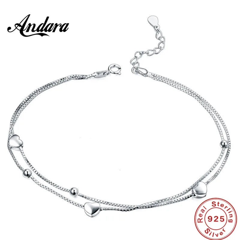 925 Sterling Silver Anklet Double Love Girl & Woman Jewelry Accessory