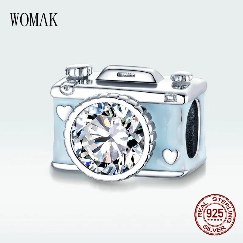 925 Silver Camera Charm Zircon Beads DIY Bangle Bracelet Pendant
