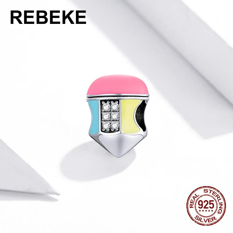925 Silver Charm Colored Pencil Bead Zircon Pendant Bangle Jewelry DIY