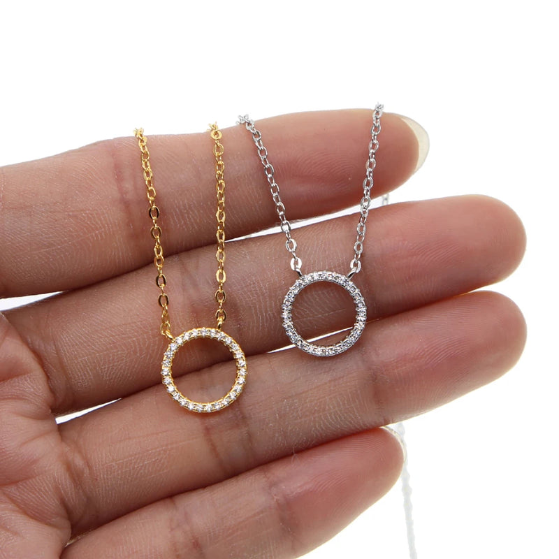 925 Silver Circle Charm CZ Necklace for Women