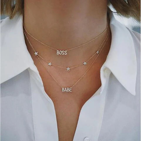 925 Silver Letter Necklace BABY BOSS CZ Paved Alphabet Minimal Delicate